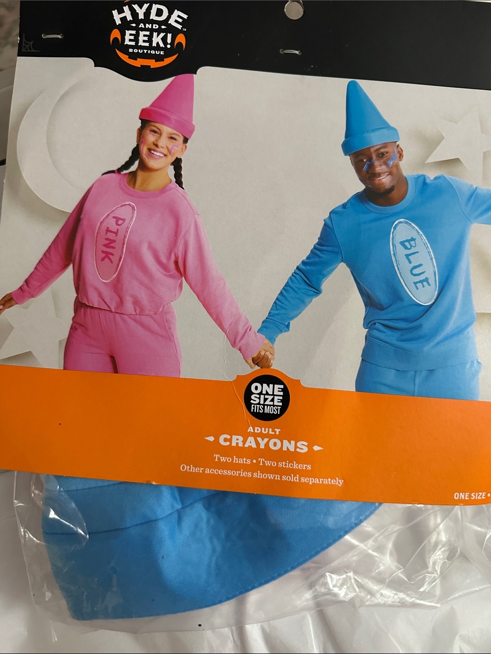 Hyde and Eek Adult Crayons Costume, contains Pink & Blue Hats and Stickers